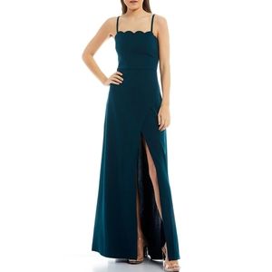 Spaghetti Strap Scalloped Square Neck Scuba Crepe Long Dress